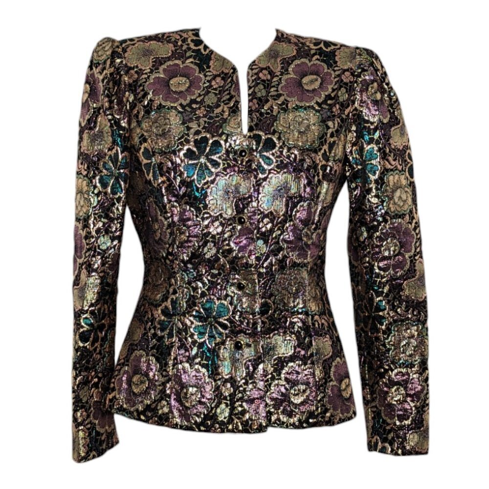 VTG Gold Pink Green Metallic Embroidered Floral Button Front Blazer Ornate